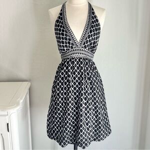 BCBGMaxAzria Black White Ikat Print Halter Mini Dress Cotton Silk Blend, XS